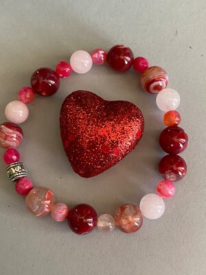 Valentine Red Agate and Pink Rose Quartz  Stretch Bracelet - image1